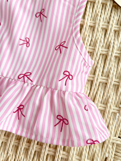 Newborn Baby Girl Vacation Casual Cute Pink&White Striped Bow Decor Tank Top&Shorts Set Summer Clothes Outfit Outfits Girls 2pcs Print