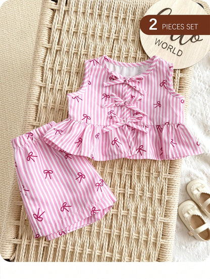 Newborn Baby Girl Vacation Casual Cute Pink&White Striped Bow Decor Tank Top&Shorts Set Summer Clothes Outfit Outfits Girls 2pcs Print
