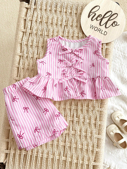 Newborn Baby Girl Vacation Casual Cute Pink&White Striped Bow Decor Tank Top&Shorts Set Summer Clothes Outfit Outfits Girls 2pcs Print