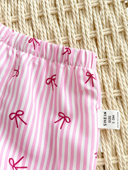 Newborn Baby Girl Vacation Casual Cute Pink&White Striped Bow Decor Tank Top&Shorts Set Summer Clothes Outfit Outfits Girls 2pcs Print