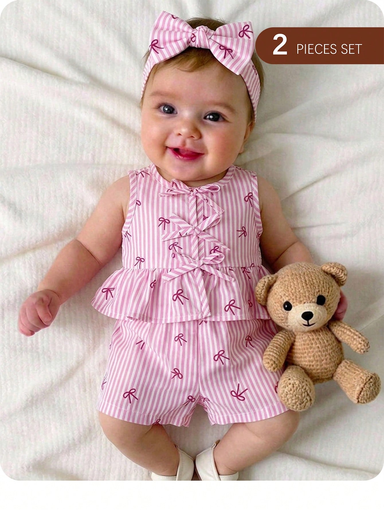 Newborn Baby Girl Vacation Casual Cute Pink&White Striped Bow Decor Tank Top&Shorts Set Summer Clothes Outfit Outfits Girls 2pcs Print