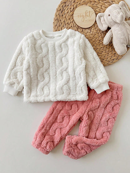 Newborn Baby Pajamas Autumn/Winter Cute Casual Cable Knit Fabric Bear Print Pattern Long Sleeve Sleepwear Pants Loungewear Set