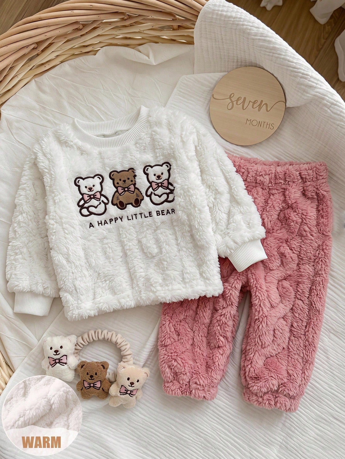 Newborn Baby Pajamas Autumn/Winter Cute Casual Cable Knit Fabric Bear Print Pattern Long Sleeve Sleepwear Pants Loungewear Set