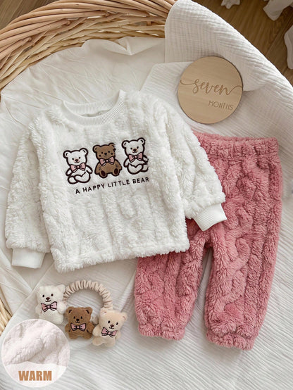 Newborn Baby Pajamas Autumn/Winter Cute Casual Cable Knit Fabric Bear Print Pattern Long Sleeve Sleepwear Pants Loungewear Set
