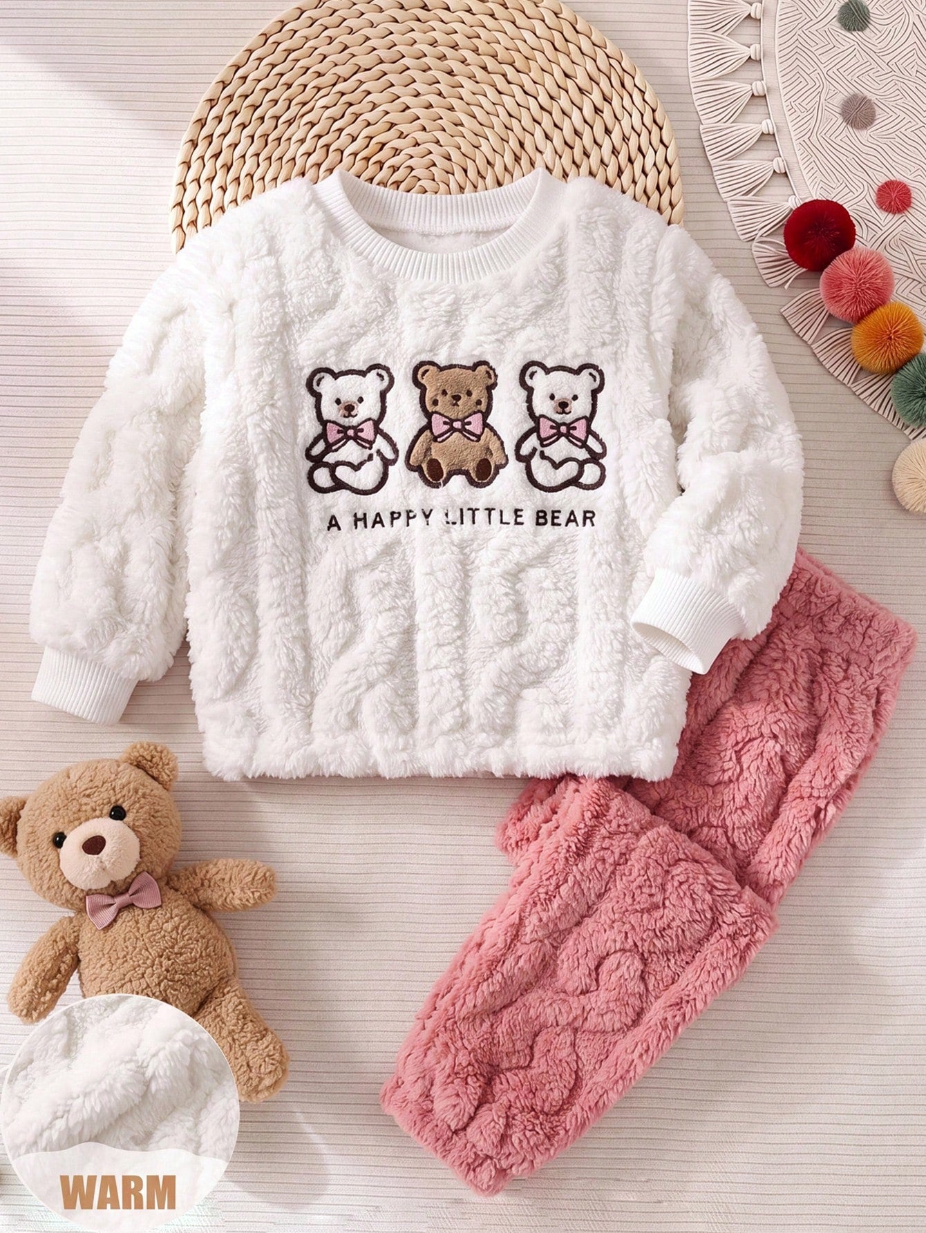 Newborn Baby Pajamas Autumn/Winter Cute Casual Cable Knit Fabric Bear Print Pattern Long Sleeve Sleepwear Pants Loungewear Set