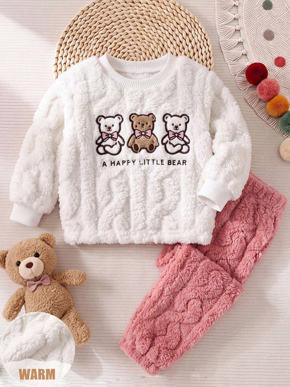 Newborn Baby Pajamas Autumn/Winter Cute Casual Cable Knit Fabric Bear Print Pattern Long Sleeve Sleepwear Pants Loungewear Set