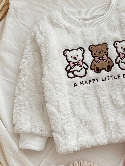 Newborn Baby Pajamas Autumn/Winter Cute Casual Cable Knit Fabric Bear Print Pattern Long Sleeve Sleepwear Pants Loungewear Set
