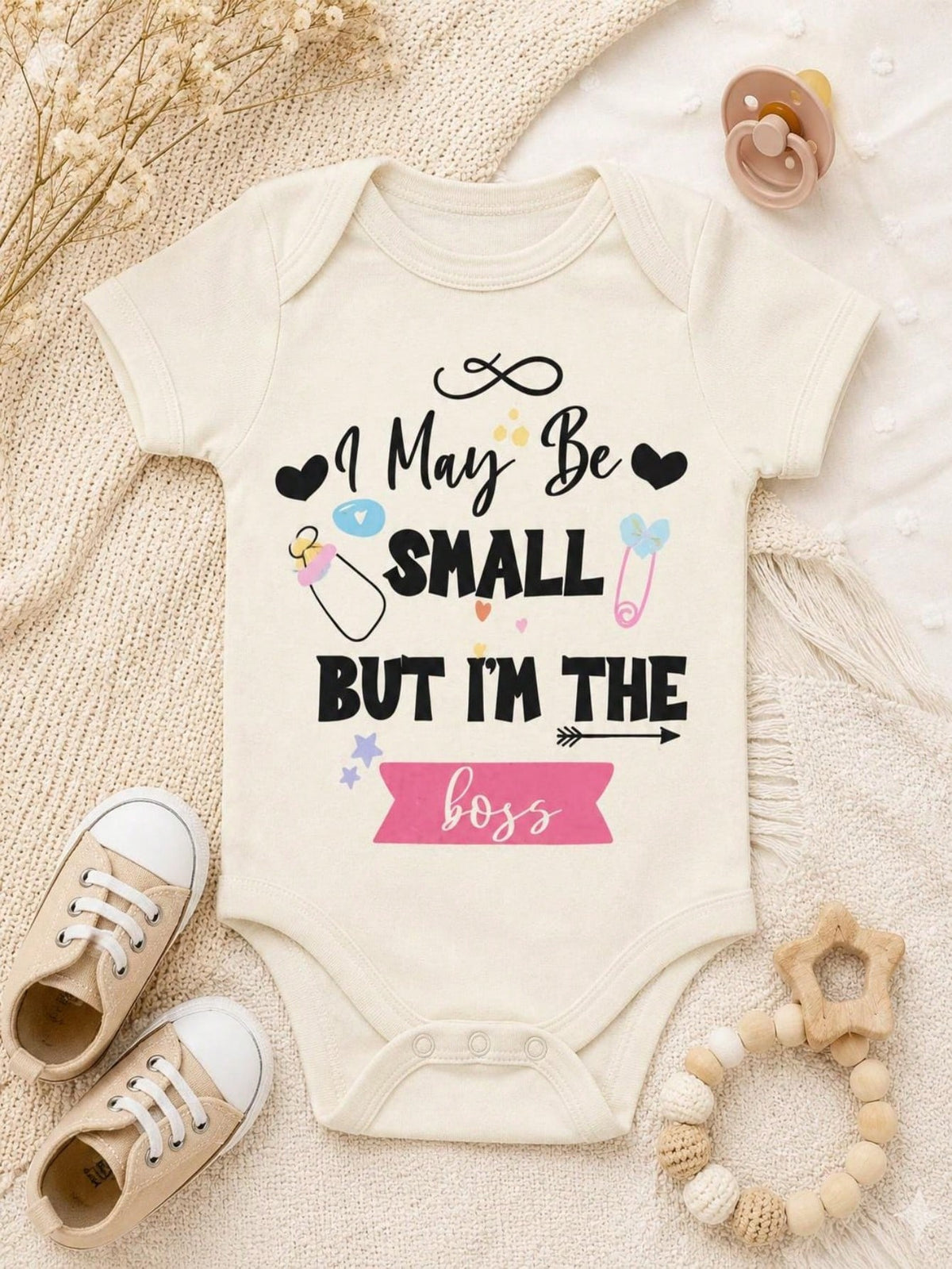 Newborn Cute Baby Infant Kids Girls Boys I May Be Small But I Am The Boss Milk Bottle Heart Pin Star Fun Print Short Sleeve Crew Neck Bodysuit Top