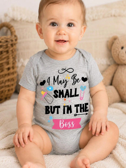 Newborn Cute Baby Infant Kids Girls Boys I May Be Small But I Am The Boss Milk Bottle Heart Pin Star Fun Print Short Sleeve Crew Neck Bodysuit Top