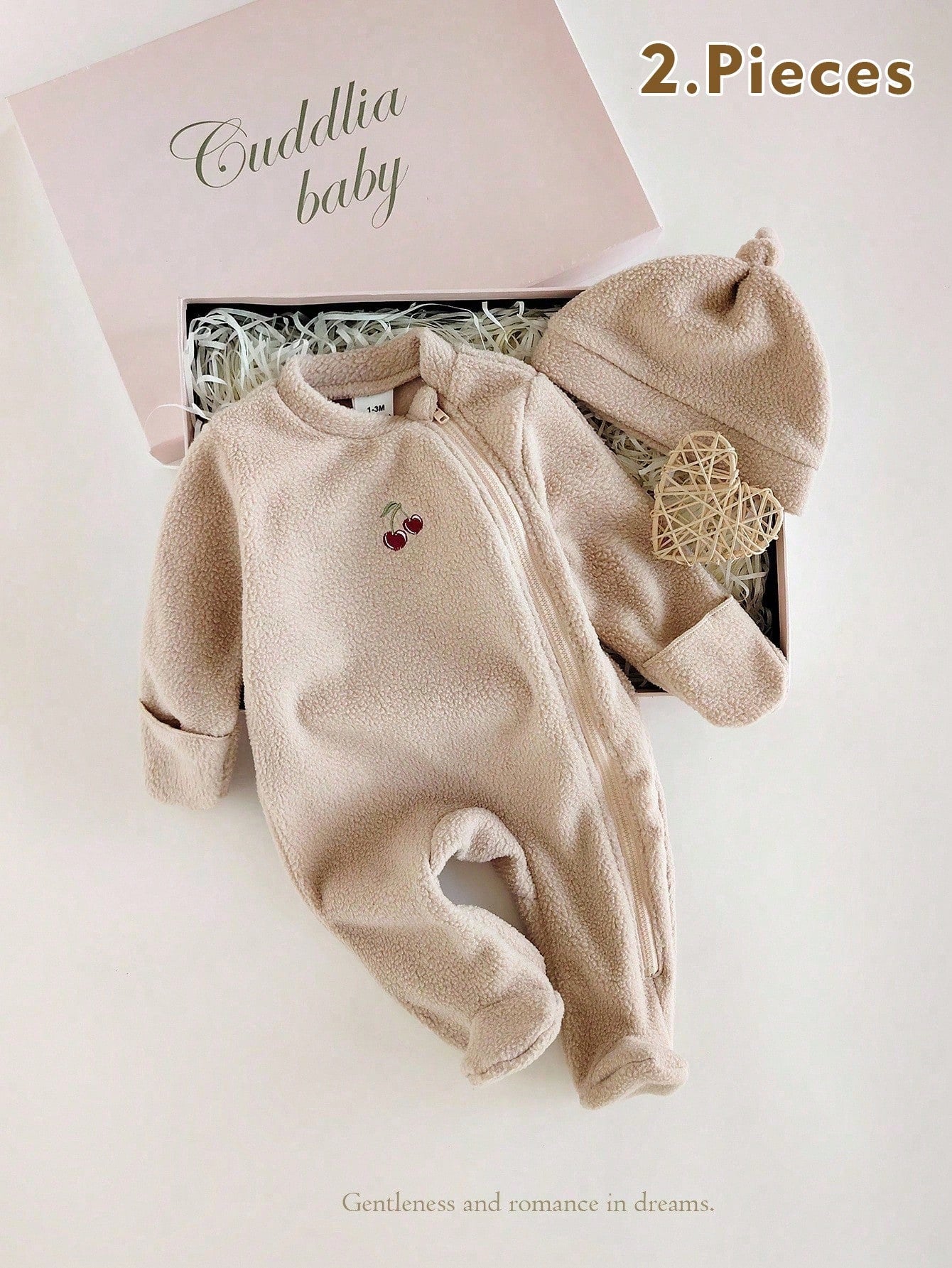 Newborn Plush Long Sleeve Zipper Romper With Hat,Beige Autumn Cherry Embroidery 2-Piece Set,Unisex Baby Homewear,Funny Graphic,Family Matching Clothes