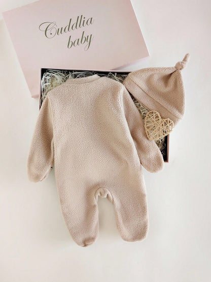 Newborn Plush Long Sleeve Zipper Romper With Hat,Beige Autumn Cherry Embroidery 2-Piece Set,Unisex Baby Homewear,Funny Graphic,Family Matching Clothes