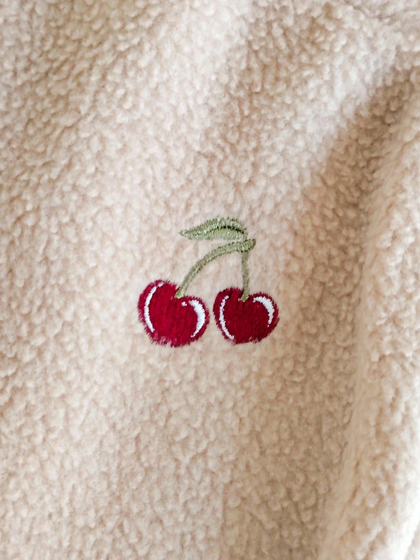 Newborn Plush Long Sleeve Zipper Romper With Hat,Beige Autumn Cherry Embroidery 2-Piece Set,Unisex Baby Homewear,Funny Graphic,Family Matching Clothes