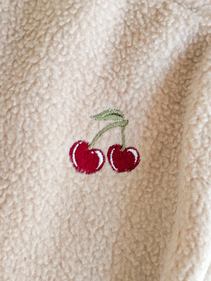 Newborn Plush Long Sleeve Zipper Romper With Hat,Beige Autumn Cherry Embroidery 2-Piece Set,Unisex Baby Homewear,Funny Graphic,Family Matching Clothes