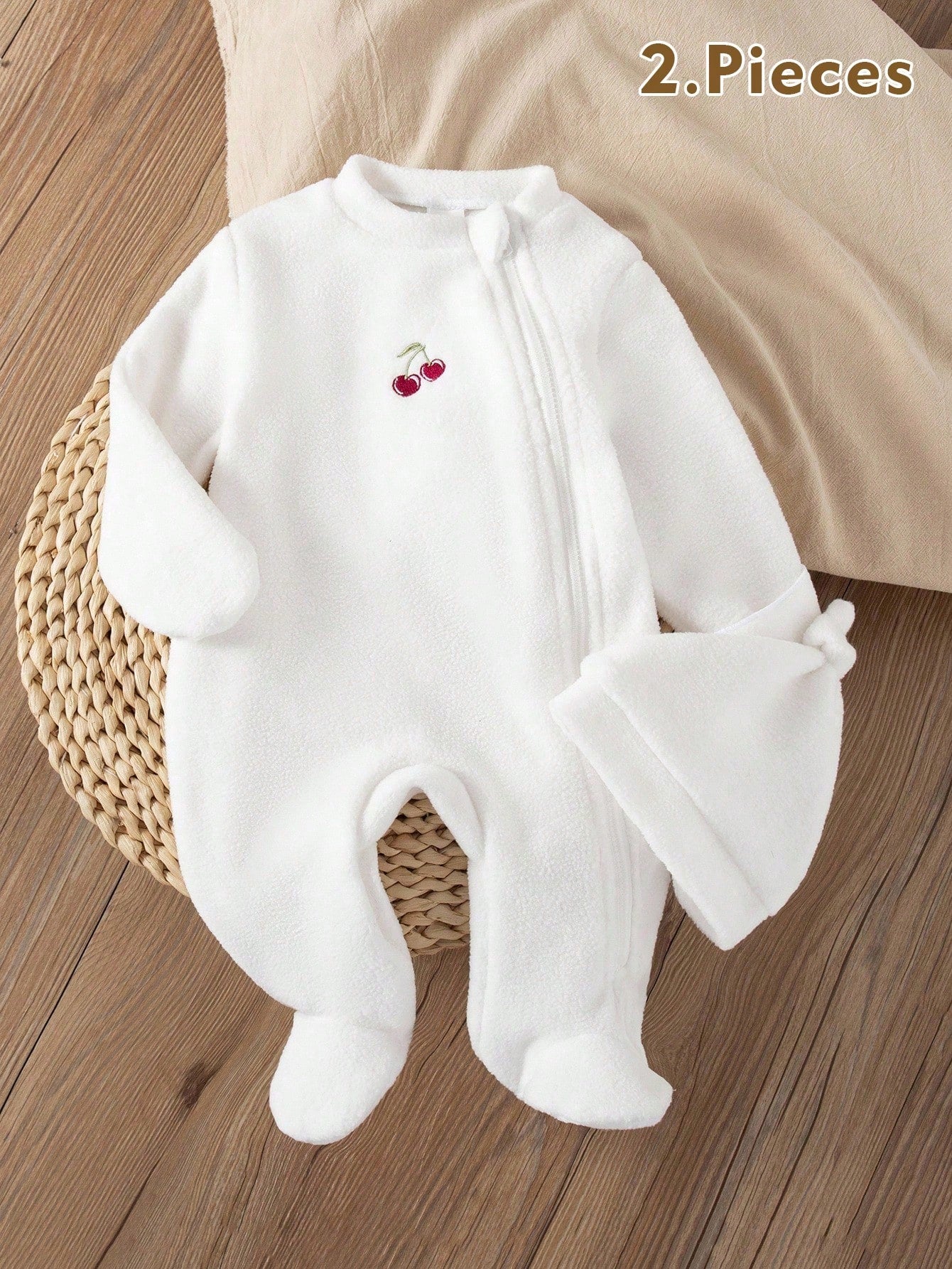 Newborn Plush Long Sleeve Zipper Romper With Hat,Beige Autumn Cherry Embroidery 2-Piece Set,Unisex Baby Homewear,Funny Graphic,Family Matching Clothes