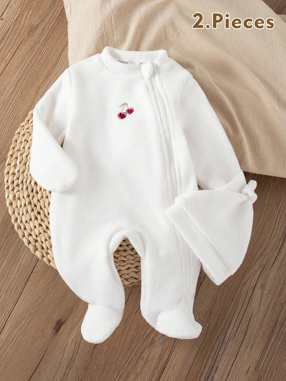 Newborn Plush Long Sleeve Zipper Romper With Hat,Beige Autumn Cherry Embroidery 2-Piece Set,Unisex Baby Homewear,Funny Graphic,Family Matching Clothes