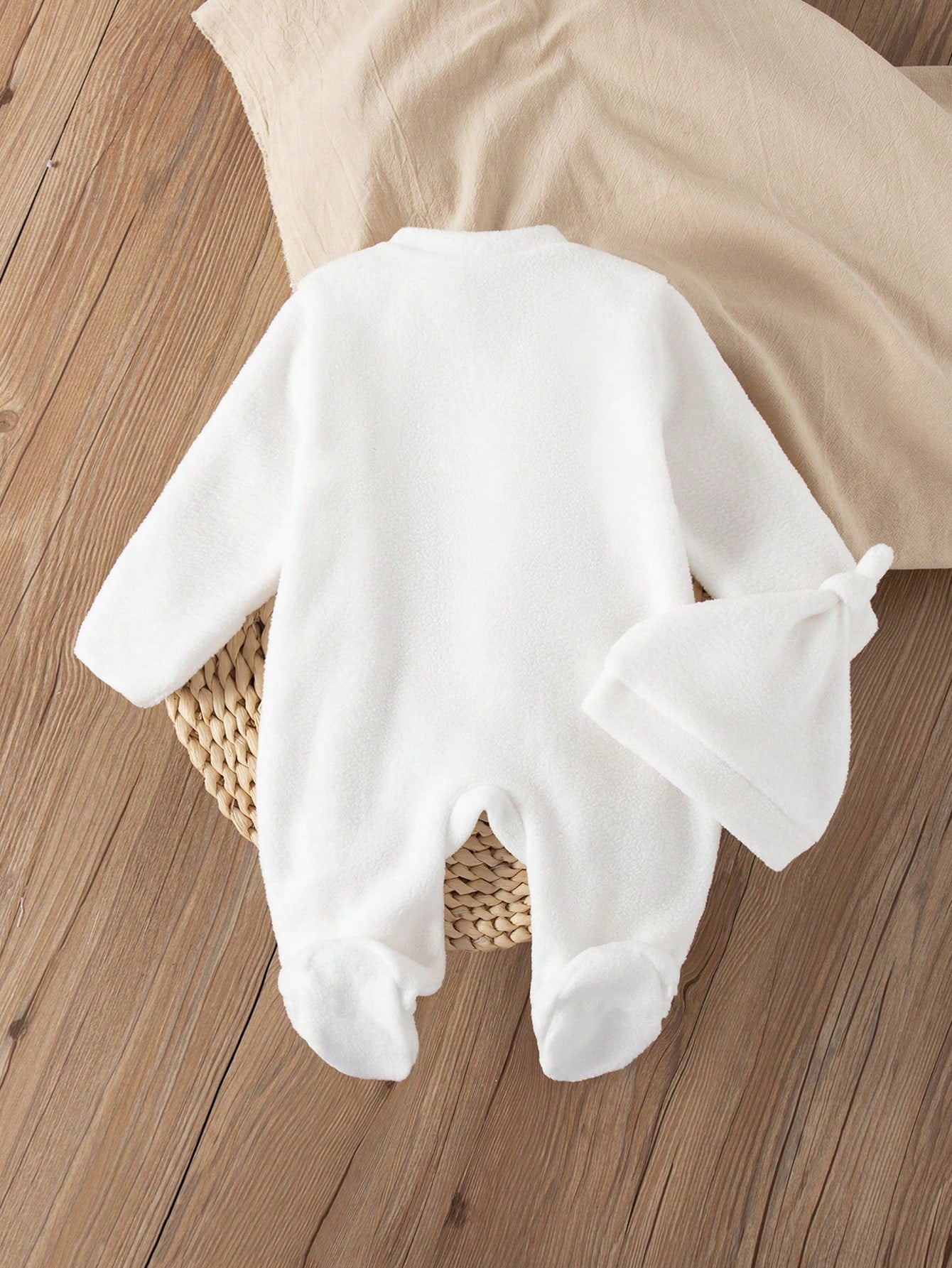 Newborn Plush Long Sleeve Zipper Romper With Hat,Beige Autumn Cherry Embroidery 2-Piece Set,Unisex Baby Homewear,Funny Graphic,Family Matching Clothes