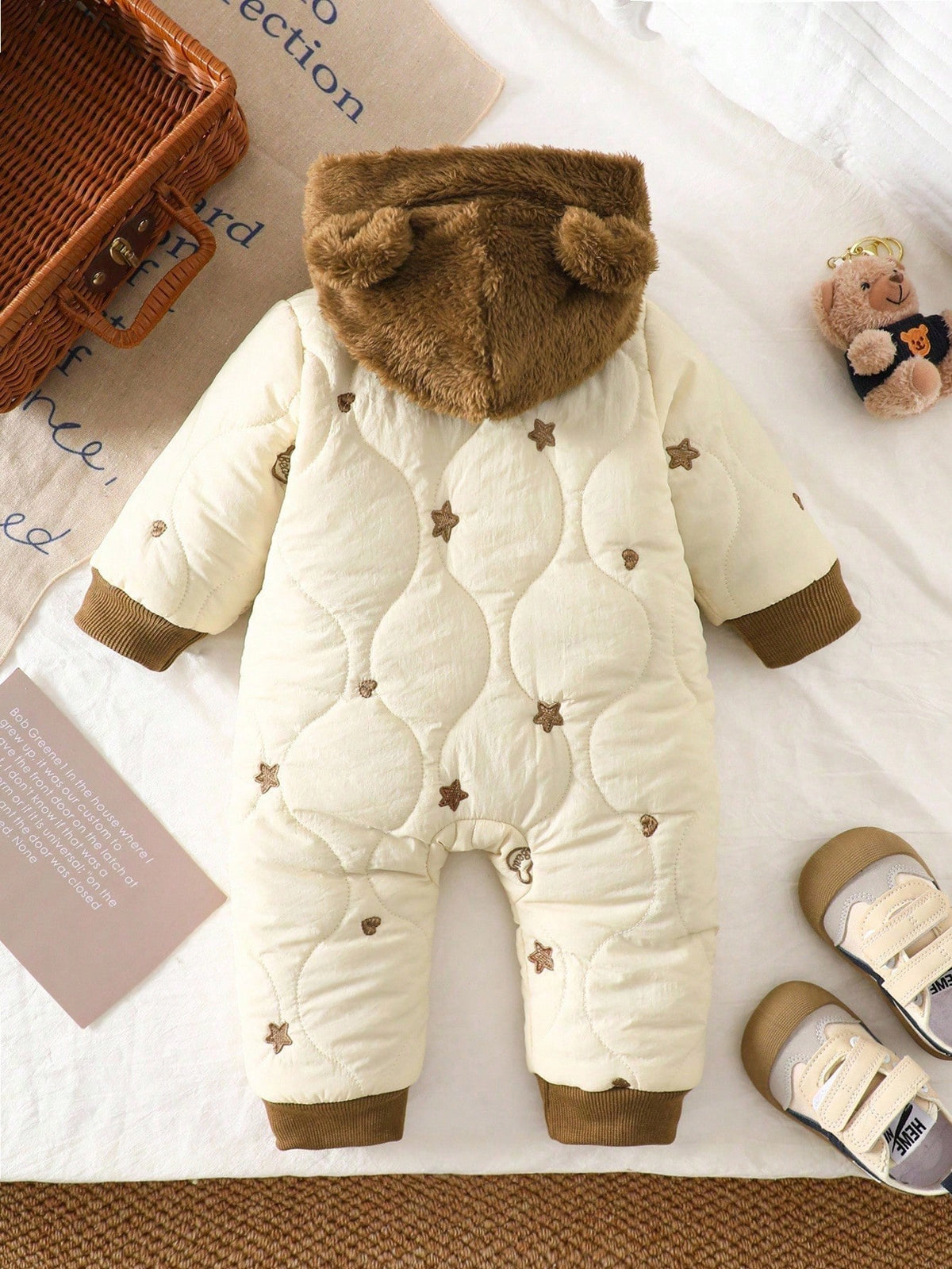 Newborn Unisex Baby Winter Brown And White Polka Dot Cute Modest Date Heart & Star Embroidered Hooded Long Sleeve Jumpsuit Plush Ear Bear Jacket