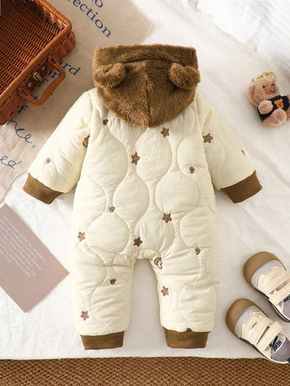 Newborn Unisex Baby Winter Brown And White Polka Dot Cute Modest Date Heart & Star Embroidered Hooded Long Sleeve Jumpsuit Plush Ear Bear Jacket