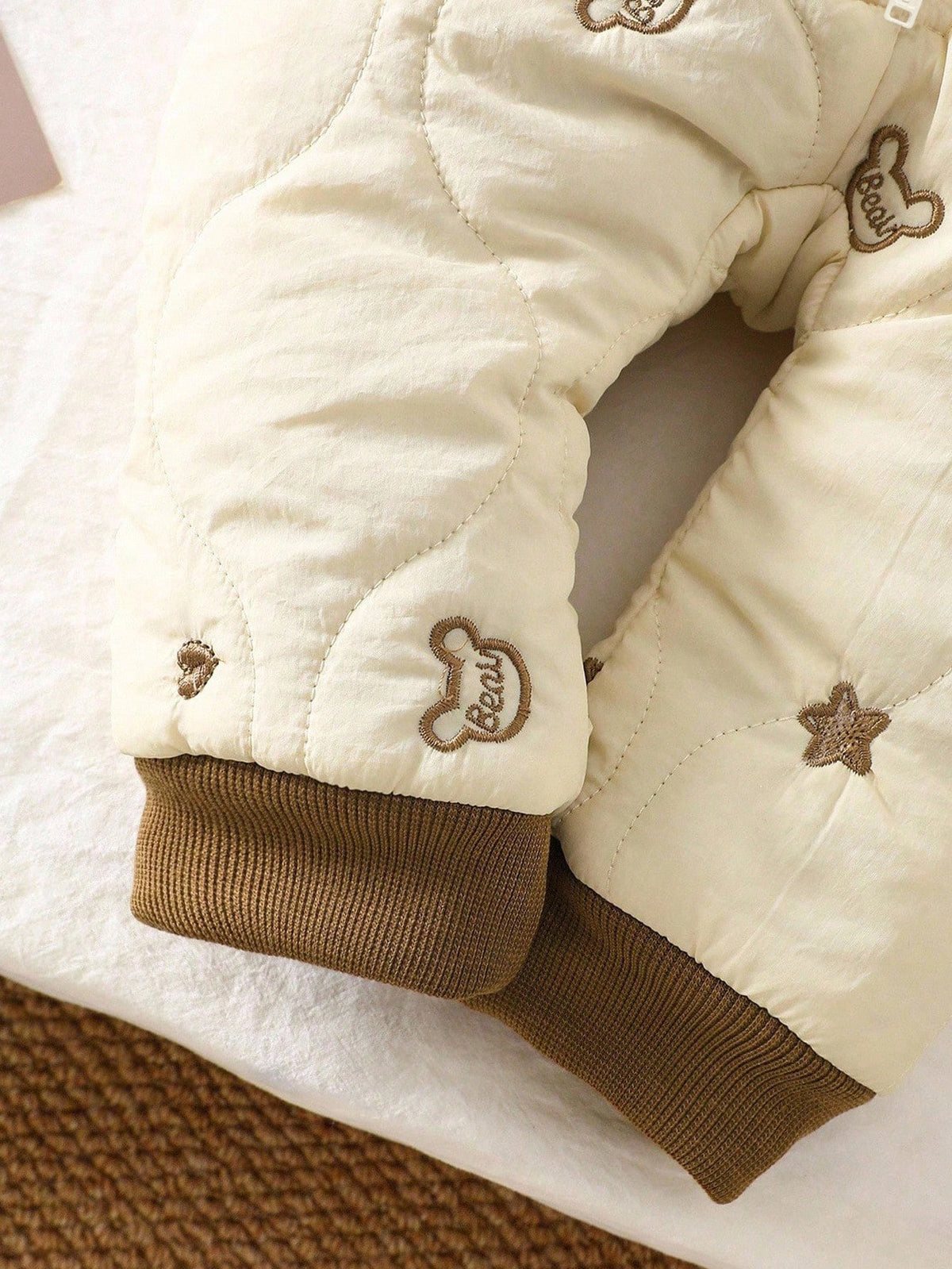 Newborn Unisex Baby Winter Brown And White Polka Dot Cute Modest Date Heart & Star Embroidered Hooded Long Sleeve Jumpsuit Plush Ear Bear Jacket