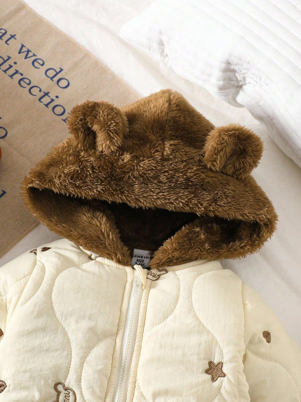 Newborn Unisex Baby Winter Brown And White Polka Dot Cute Modest Date Heart & Star Embroidered Hooded Long Sleeve Jumpsuit Plush Ear Bear Jacket