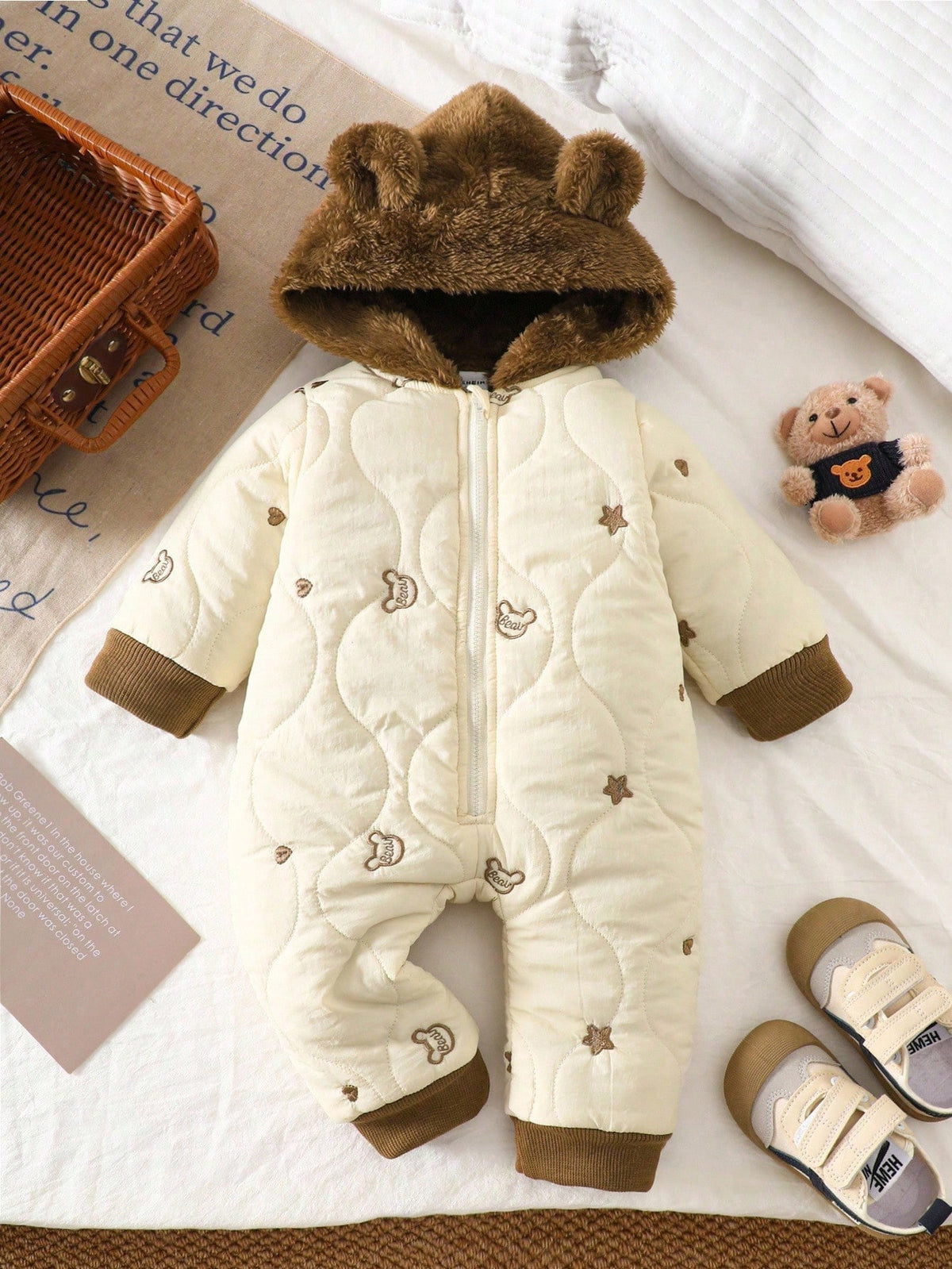 Newborn Unisex Baby Winter Brown And White Polka Dot Cute Modest Date Heart & Star Embroidered Hooded Long Sleeve Jumpsuit Plush Ear Bear Jacket