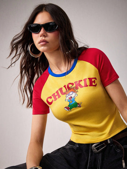 Nick 90s| Women's Contrast Color Letter & Cartoon Print Round Neck Short Sleeve T-Shirt