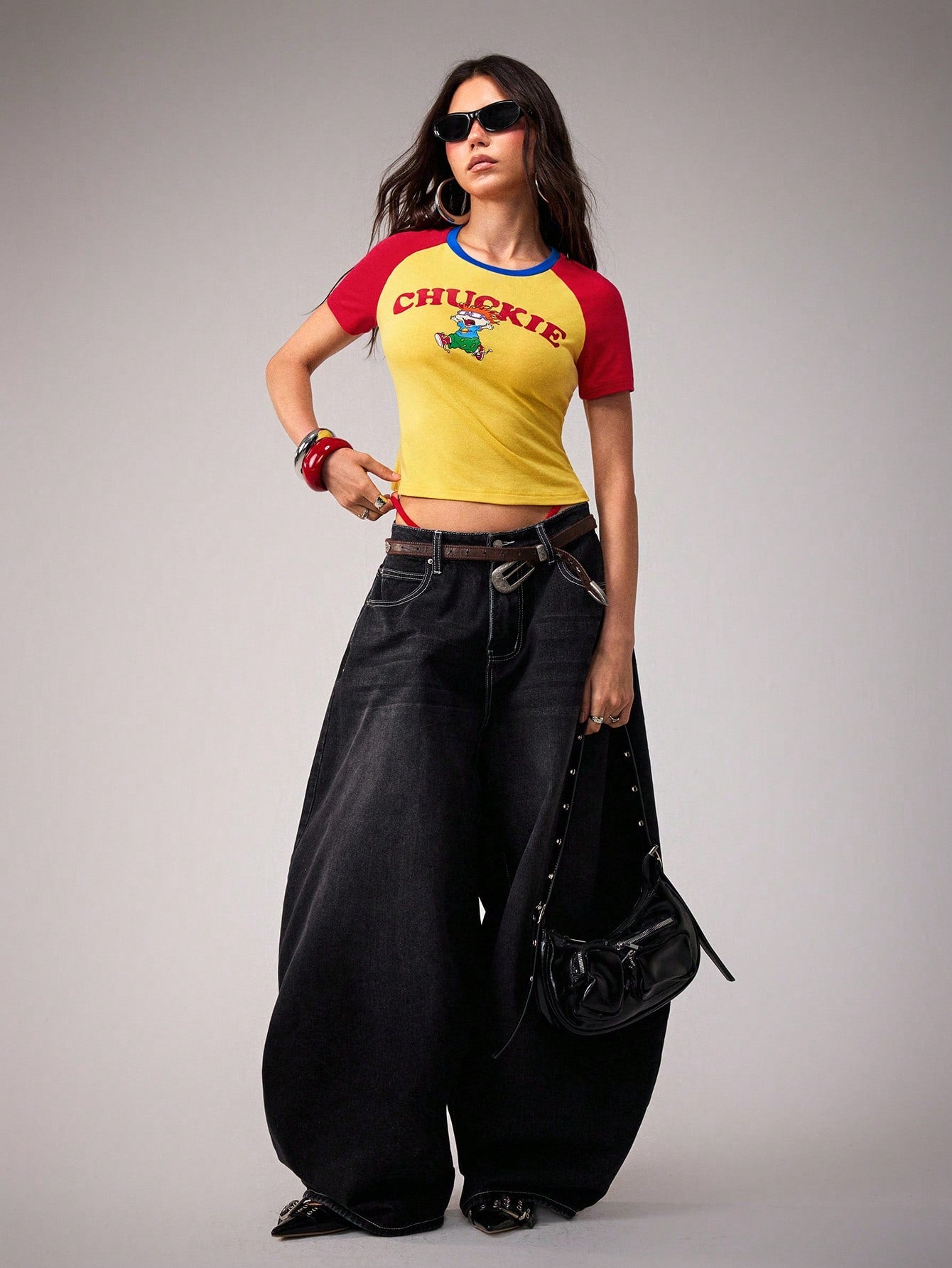 Nick 90s| Women's Contrast Color Letter & Cartoon Print Round Neck Short Sleeve T-Shirt