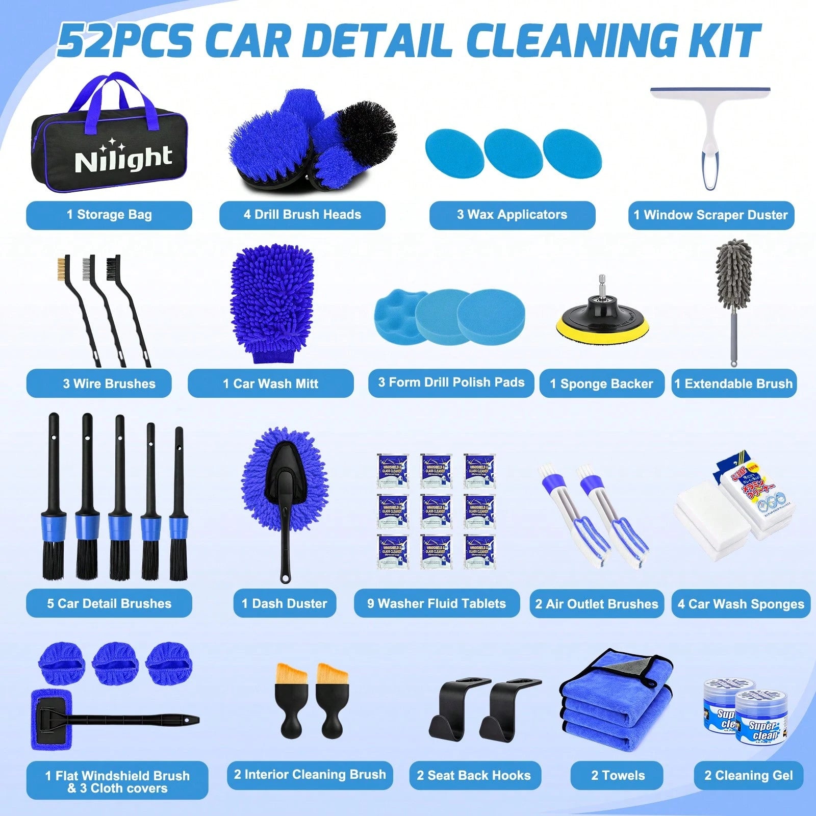 Nilight 52PCS Car Detailing Kit With Storage Bag, Auto Cleaning Tools Set For Interior & Exterior Car Care, Multi-Purpose Wash, Polish & Deep Cleaning Kit For Dashboard, Seats, Air Vents, Wheels & Tir