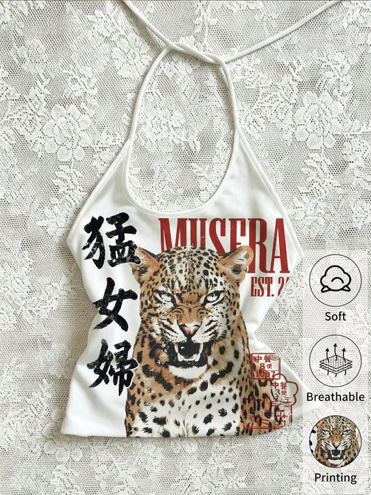 Noixe Women's Summer Street Fashion Leopard & Letter Print Halter Neck Tight Top