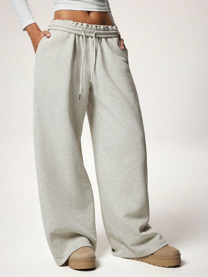 Normani Women's Solid Color Drawstring Waist Casual Sporty Versatile Daily Wear Sweatpants Gym Light Grey Autumn