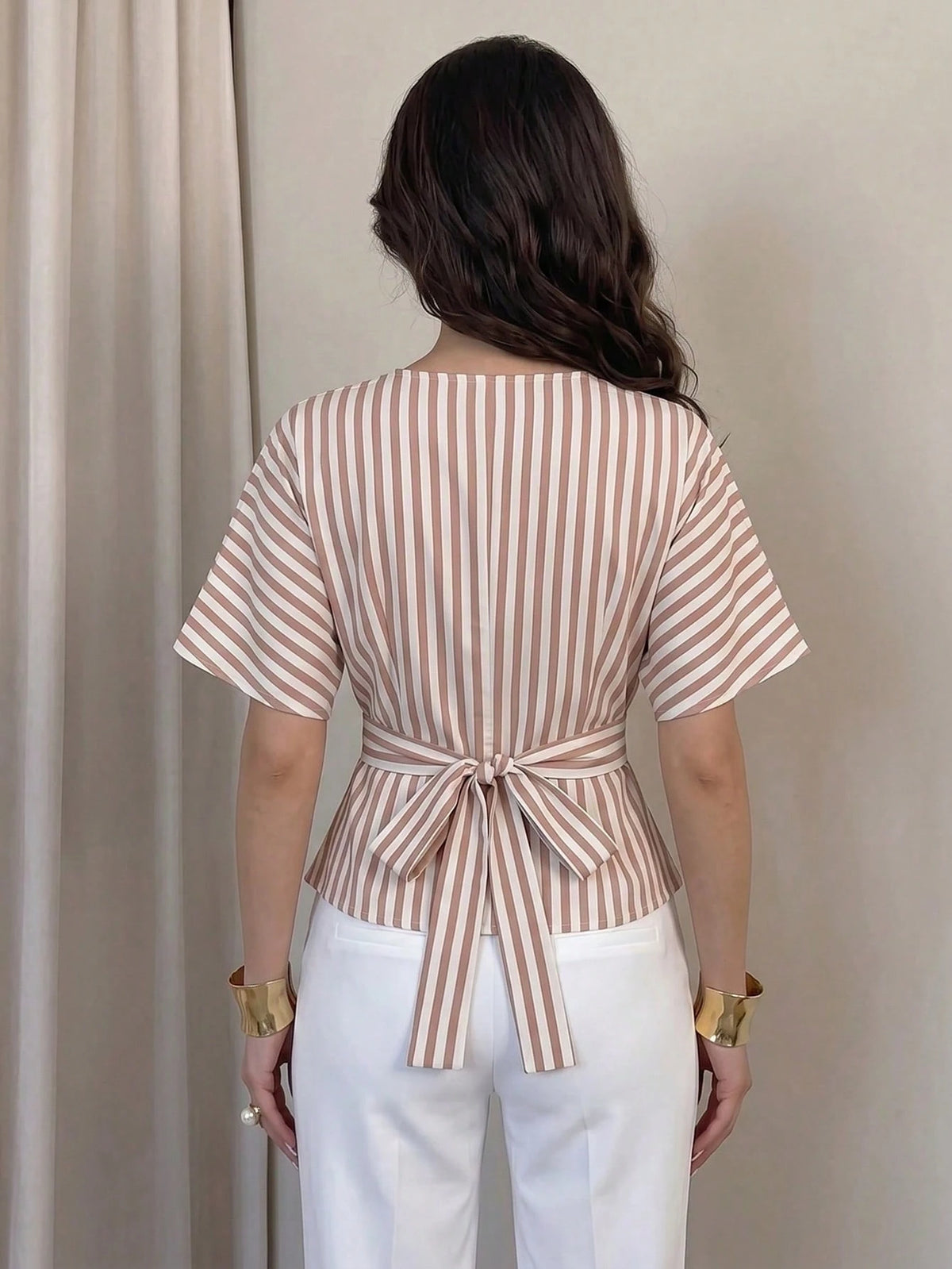 NOVVYNE Elegant Neutral Vertical Stripe V Neck Back Bow Peplum Slim Fit Trouser Matching Cami