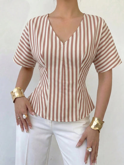 NOVVYNE Elegant Neutral Vertical Stripe V Neck Back Bow Peplum Slim Fit Trouser Matching Cami