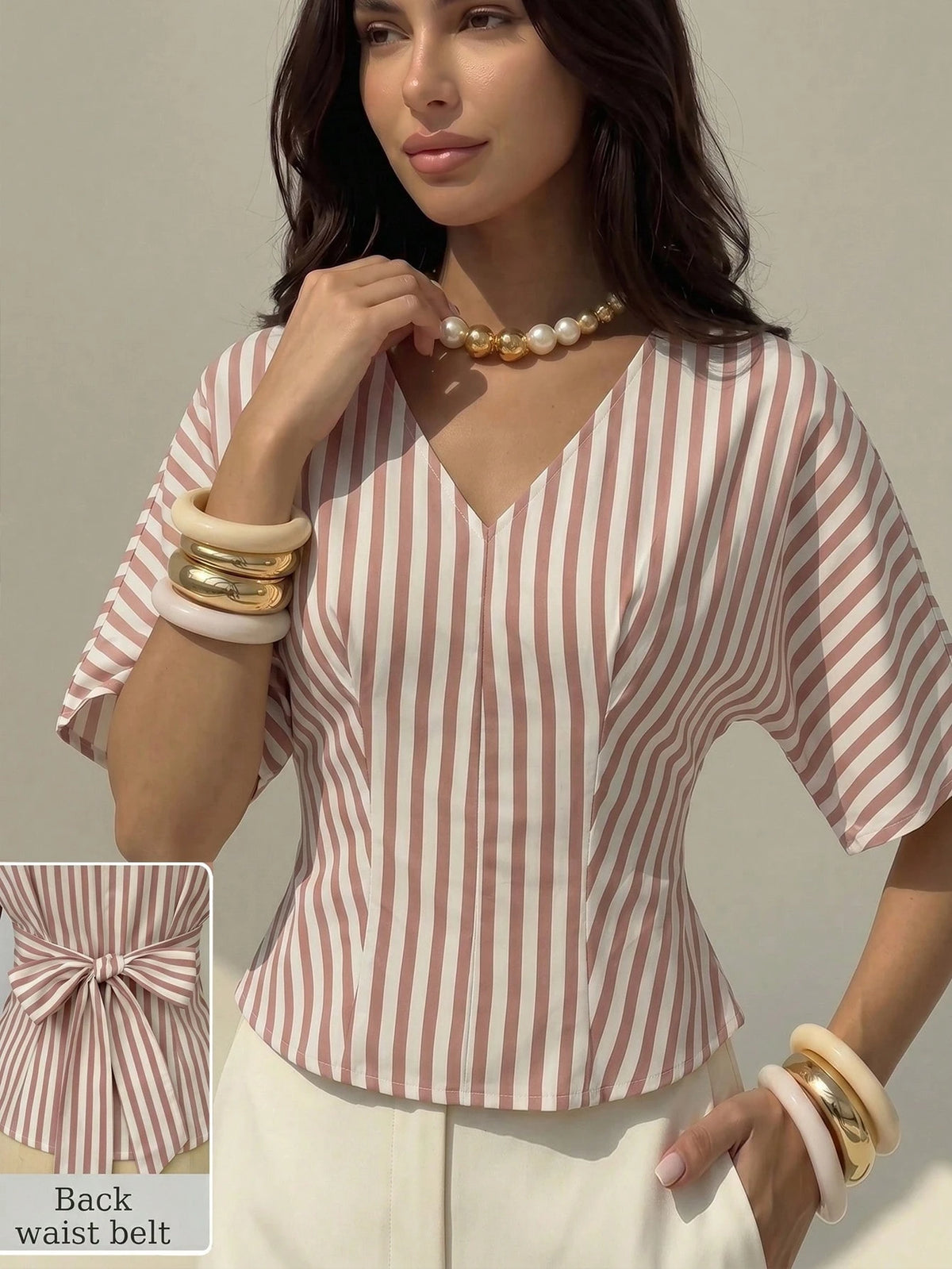 NOVVYNE Elegant Neutral Vertical Stripe V Neck Back Bow Peplum Slim Fit Trouser Matching Cami