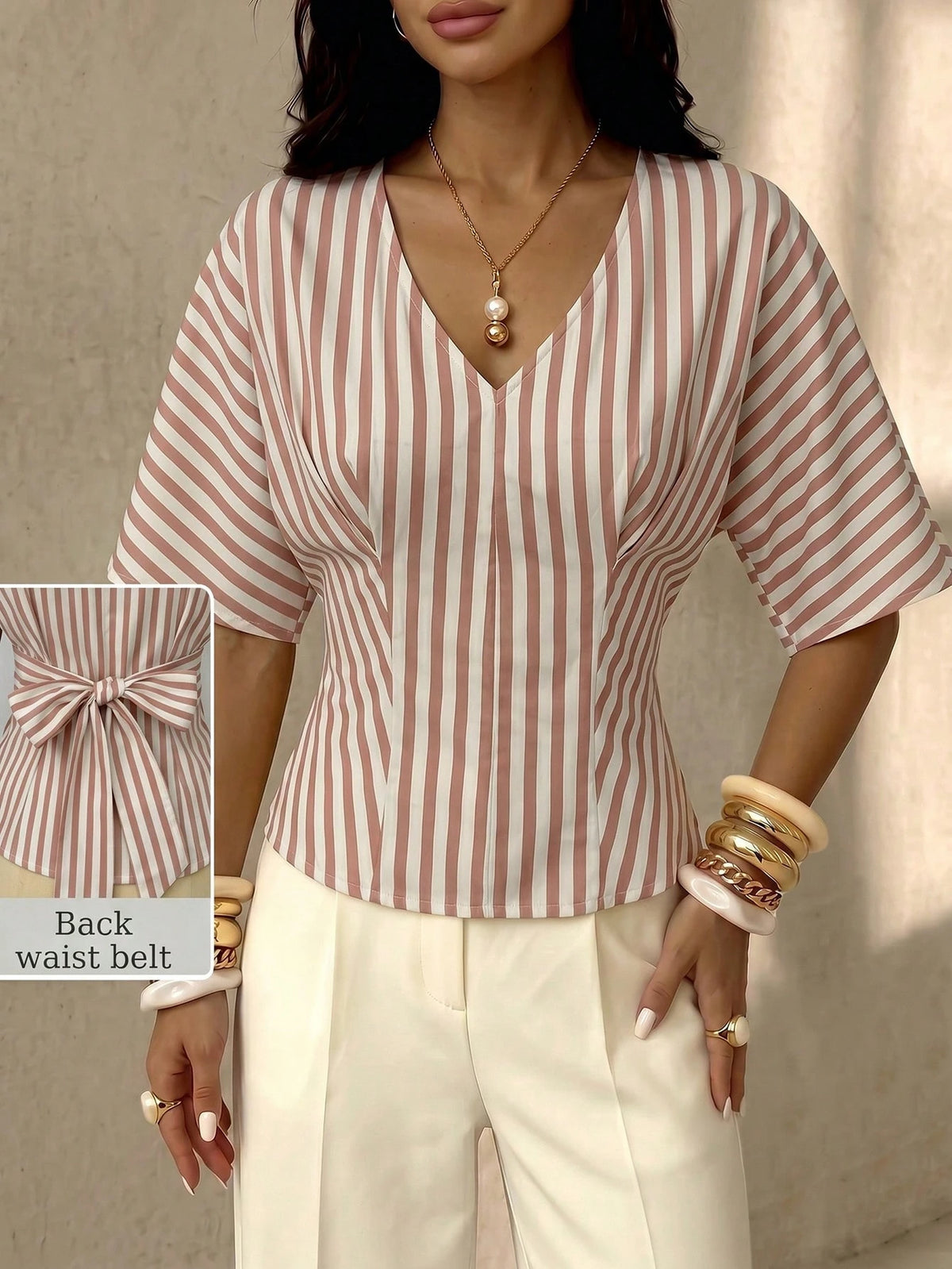 NOVVYNE Elegant Neutral Vertical Stripe V Neck Back Bow Peplum Slim Fit Trouser Matching Cami
