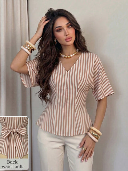 NOVVYNE Elegant Neutral Vertical Stripe V Neck Back Bow Peplum Slim Fit Trouser Matching Cami