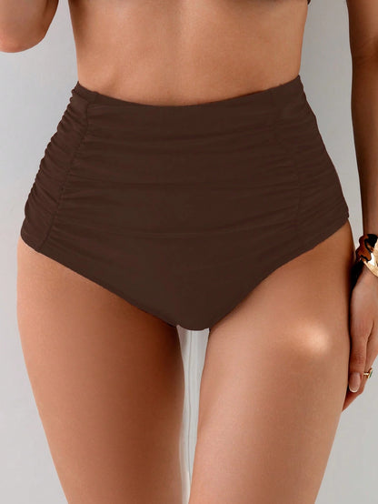 Nuvra Women High Waisted Shirred Tummy Control Flattering Bikini Bottom For Summer Beach Vacation