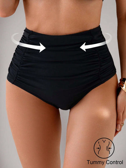 Nuvra Women High Waisted Shirred Tummy Control Flattering Bikini Bottom For Summer Beach Vacation
