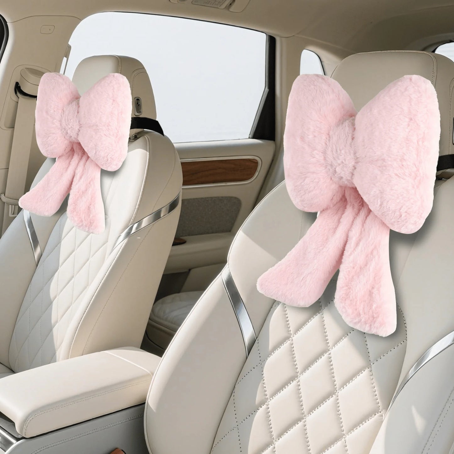 Oaoleer 2 Pack Bow Car Headrest Pillows Plush Neck Pillows For Travel Driving Office Chair Head Support Cushions, Also Cute Car Decor Accessories For Women (Pink)