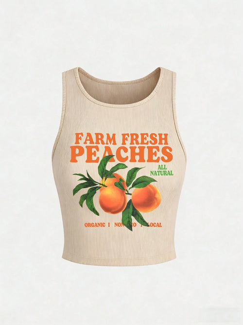 Olithes Plus Size Letter & Fruit Print Round Neck Casual Tank Top, Summer