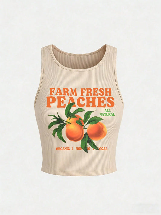 Olithes Plus Size Letter & Fruit Print Round Neck Casual Tank Top, Summer