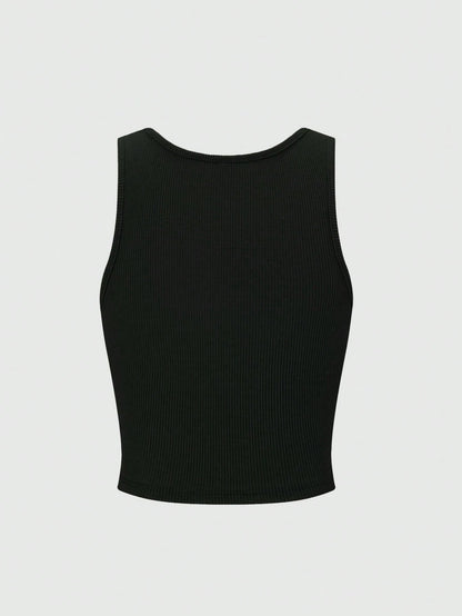Olithes Plus Size Letter & Fruit Print Round Neck Casual Tank Top, Summer
