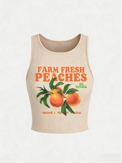 Olithes Plus Size Letter & Fruit Print Round Neck Casual Tank Top, Summer
