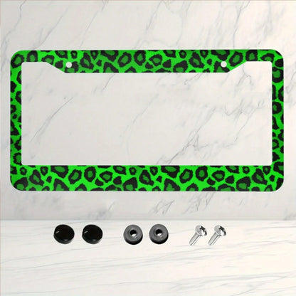 One Piece Aluminum License Plate Frame- Vibrant Green Leopard Design- Sturdy And Stylish Car Accessories.