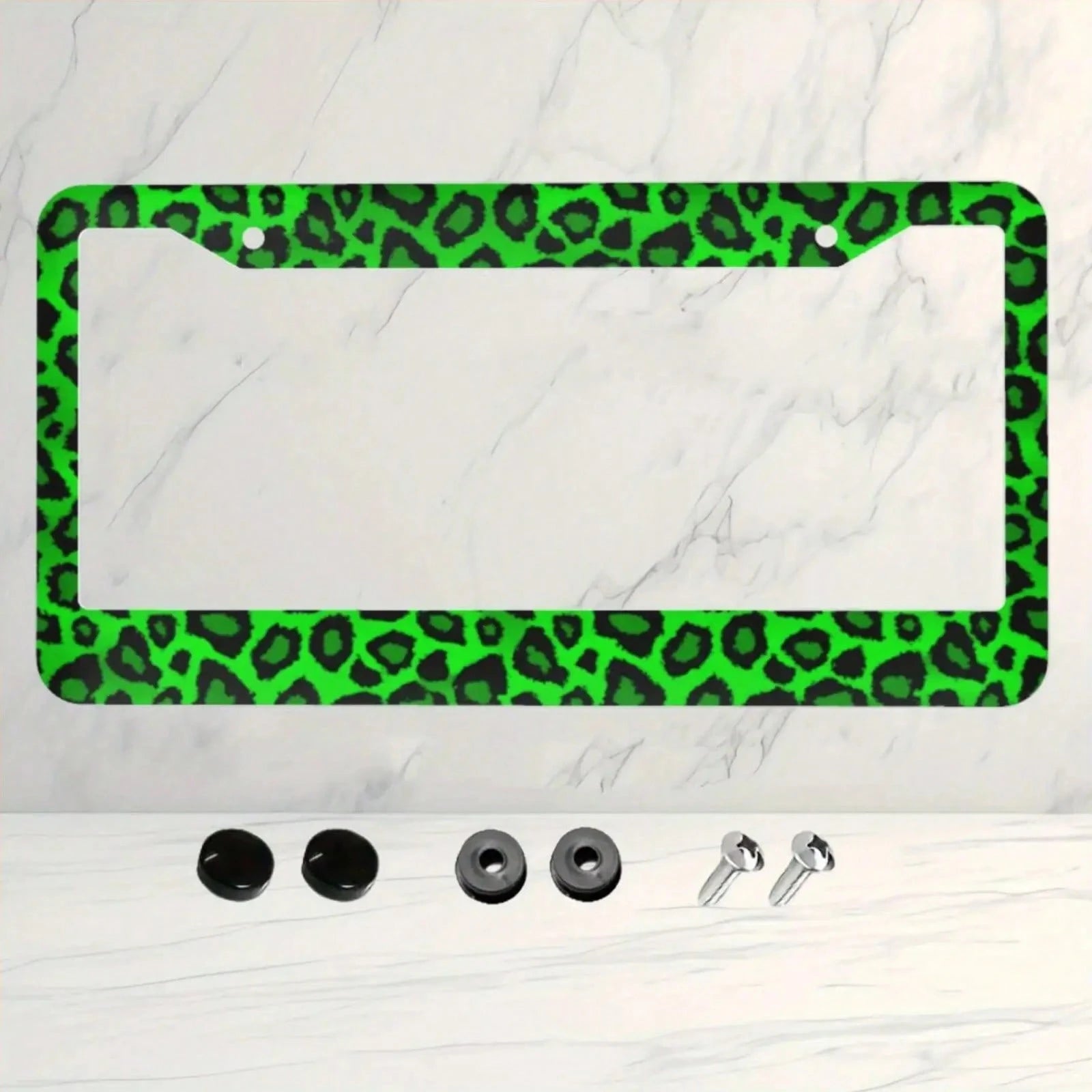 One Piece Aluminum License Plate Frame- Vibrant Green Leopard Design- Sturdy And Stylish Car Accessories.