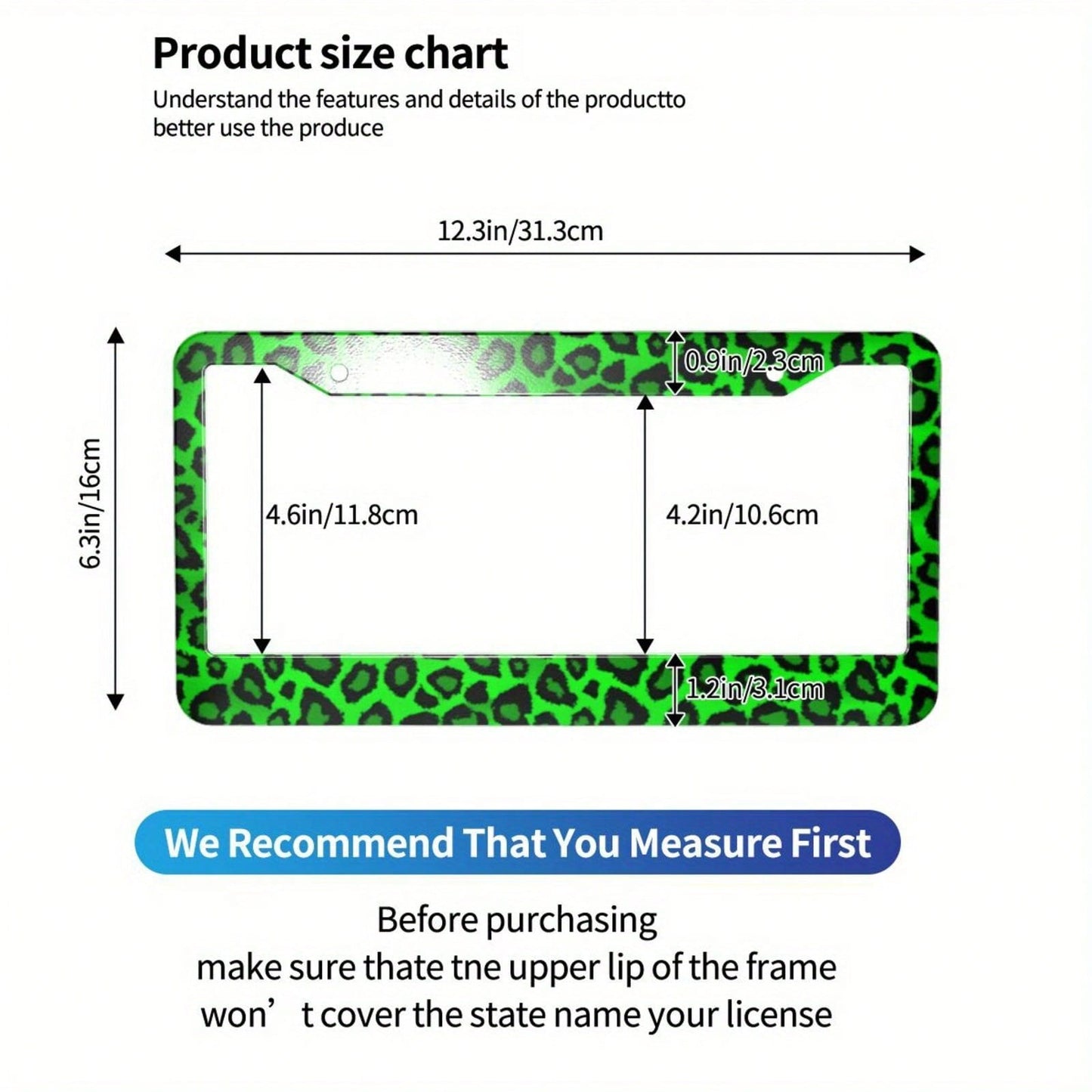 One Piece Aluminum License Plate Frame- Vibrant Green Leopard Design- Sturdy And Stylish Car Accessories.