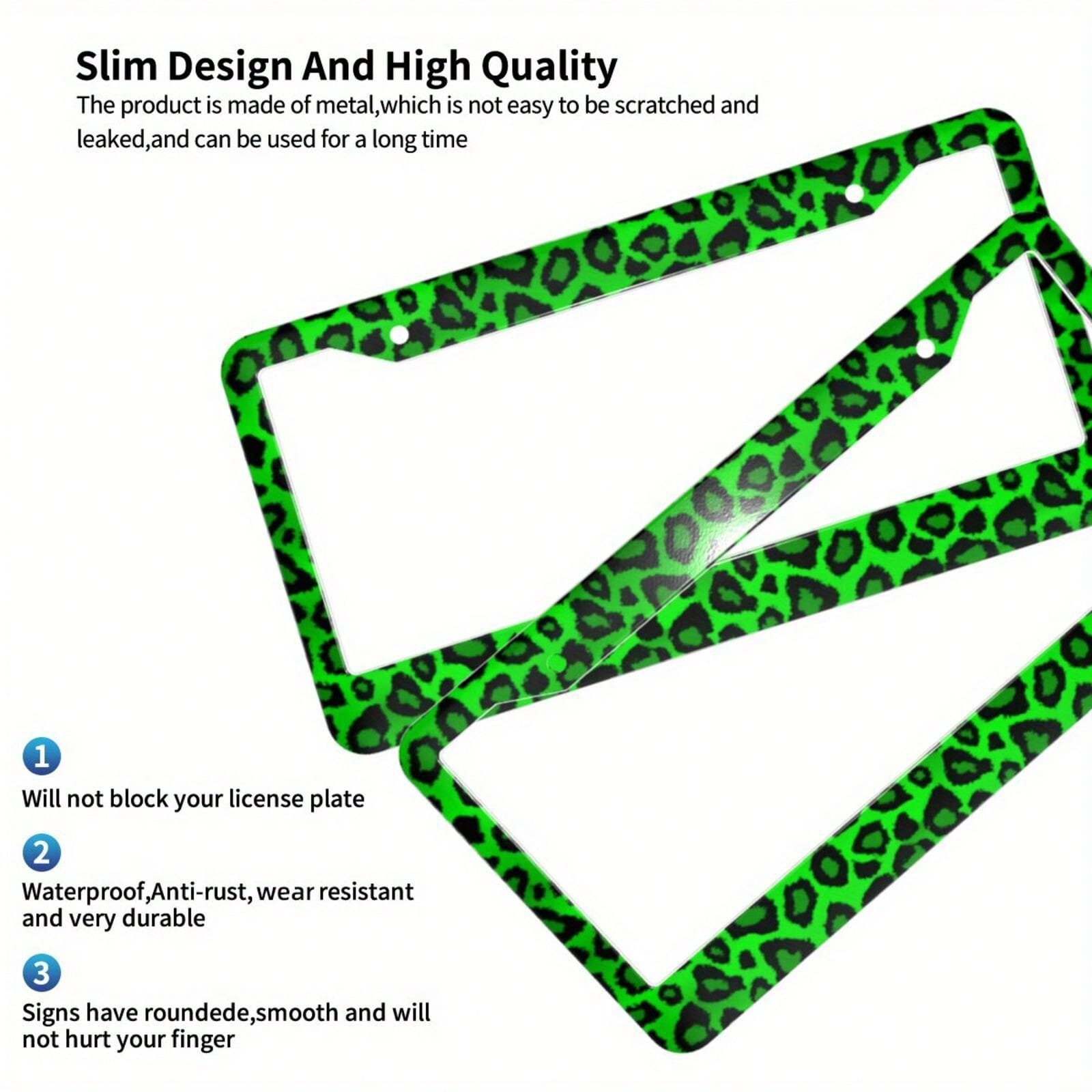 One Piece Aluminum License Plate Frame- Vibrant Green Leopard Design- Sturdy And Stylish Car Accessories.