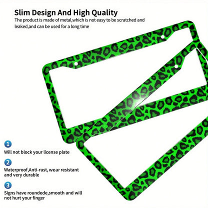 One Piece Aluminum License Plate Frame- Vibrant Green Leopard Design- Sturdy And Stylish Car Accessories.