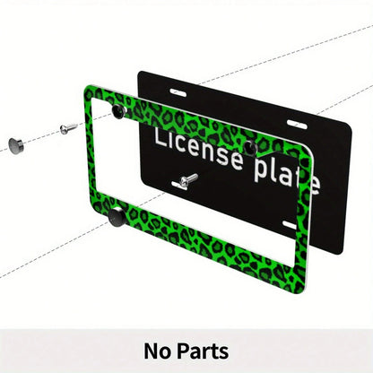 One Piece Aluminum License Plate Frame- Vibrant Green Leopard Design- Sturdy And Stylish Car Accessories.