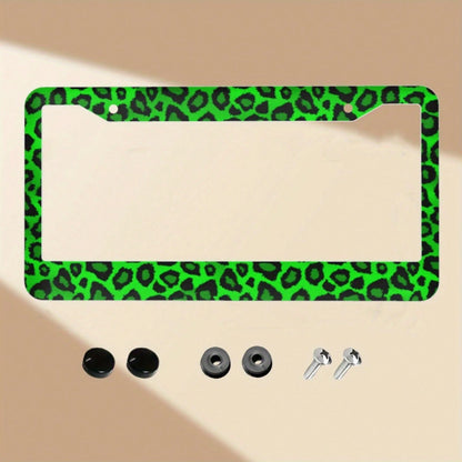 One Piece Aluminum License Plate Frame- Vibrant Green Leopard Design- Sturdy And Stylish Car Accessories.