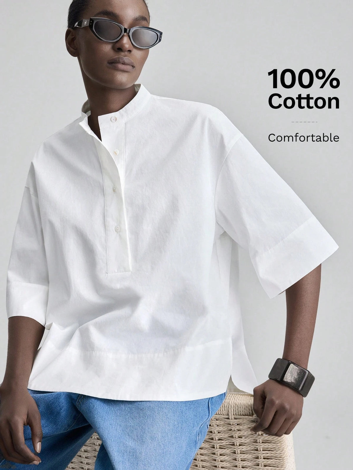 Ontre Women's Beige Comfortable Skin-Friendly Poplin Fabric Round Neck Dropped Shoulder Short Sleeve Loose Drop Shoulder Design Special Cut Front Short Back Long Modern Urban Fashion Business Casual O